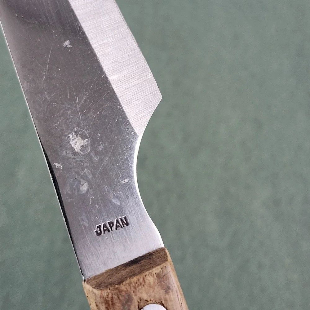 Kane Kut Stainless Japan Cheese Knife Vintage Two‎ Prong Blade Wood Handle Tool